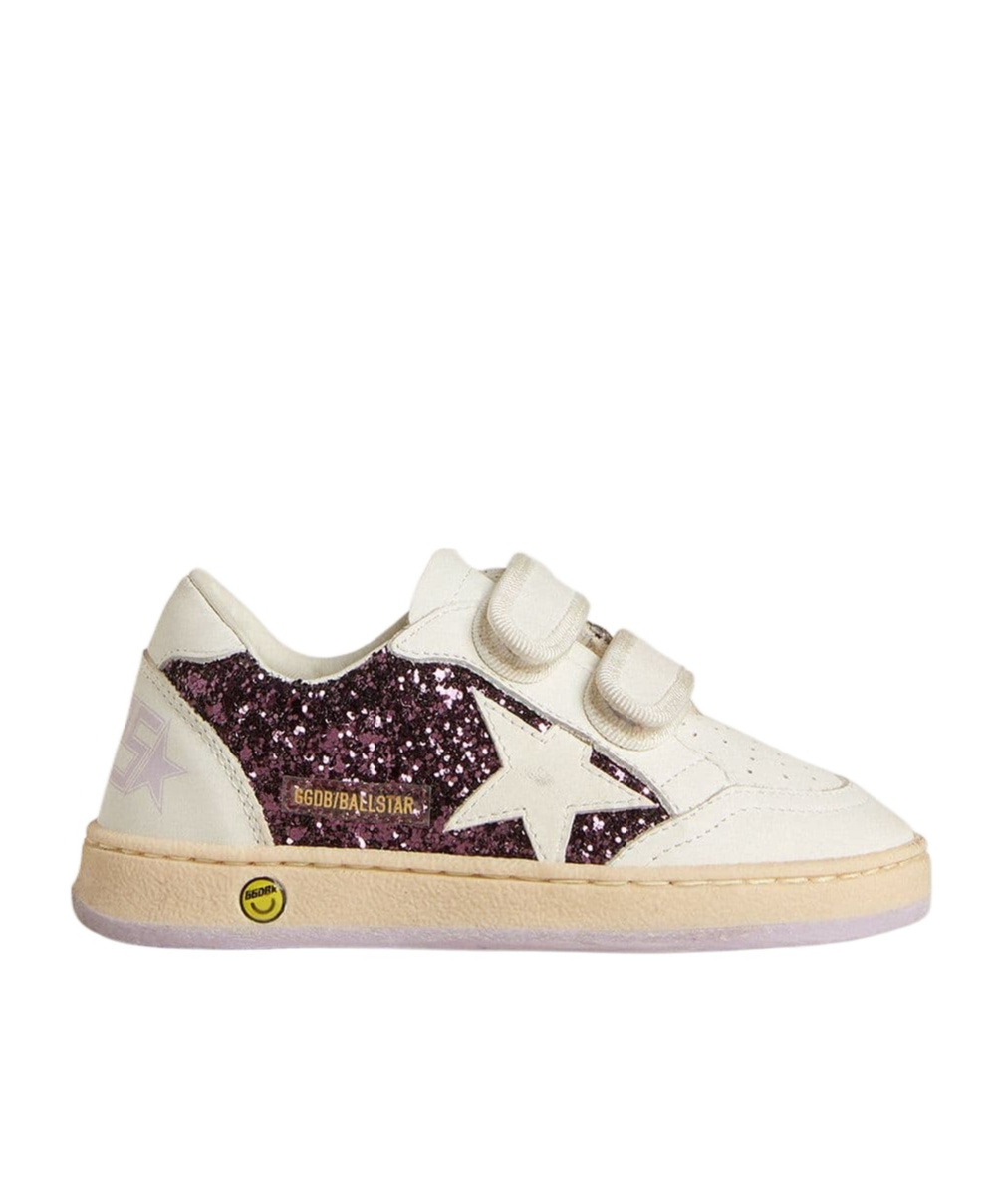 Golden Goose Teen Ball Star In Purple Glitter With White Leather Star And Heel Tab In White