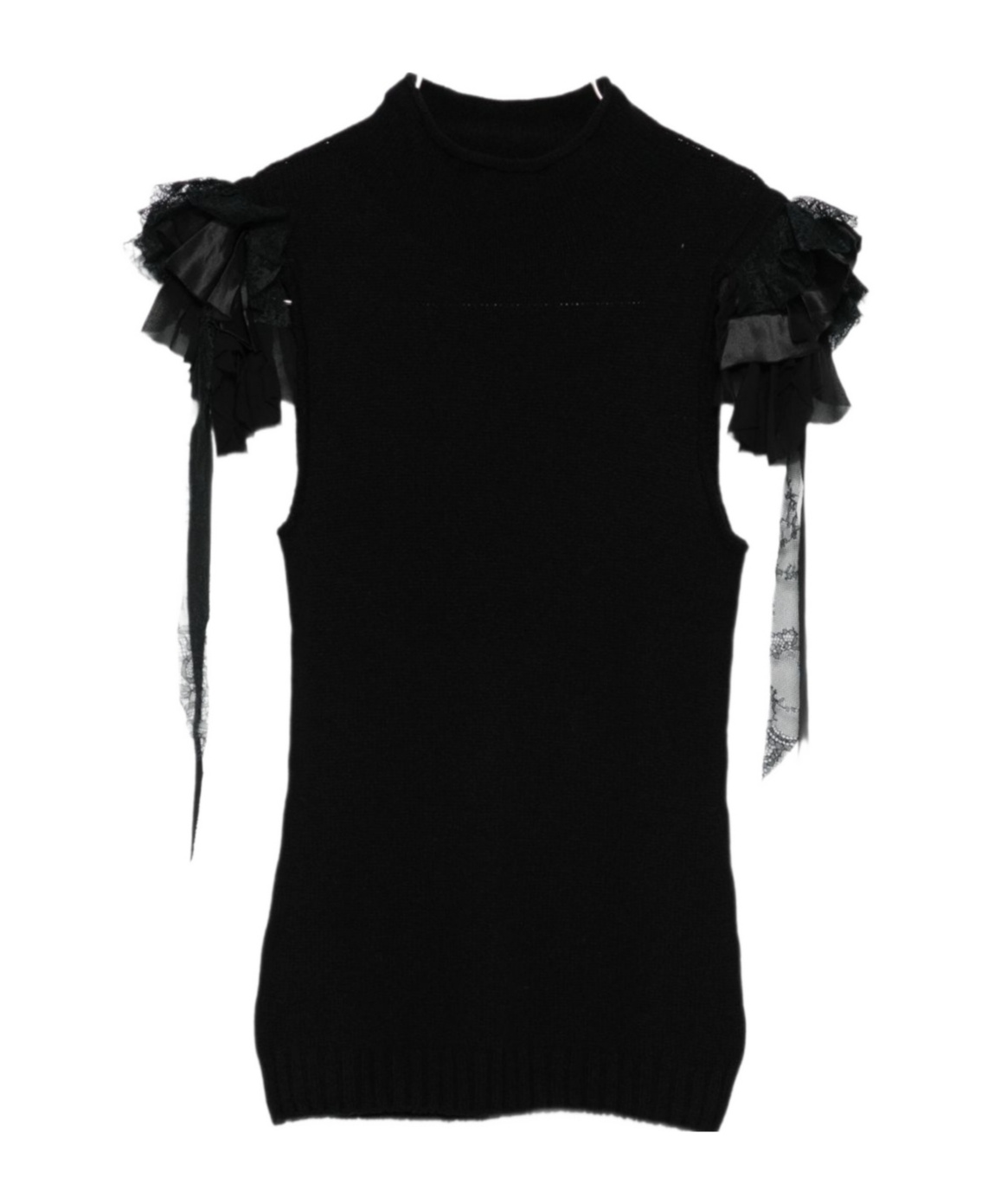 Alberta Ferretti Mock-neck Ruffle-shoulder Cashmere-wool Rib Tank Top In Black
