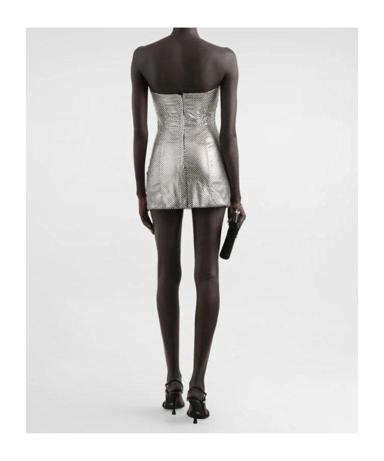 Dolce & Gabbana Mesh Strapless Mini Dress In Silver