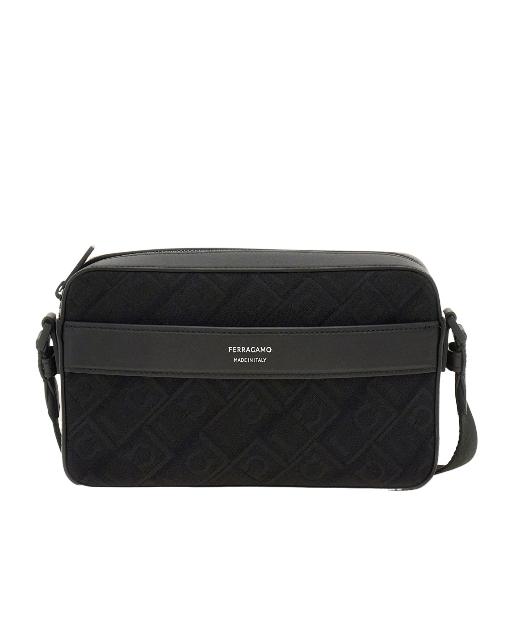 Ferragamo Gancini-jacquard Leather Messenger Bag In Black