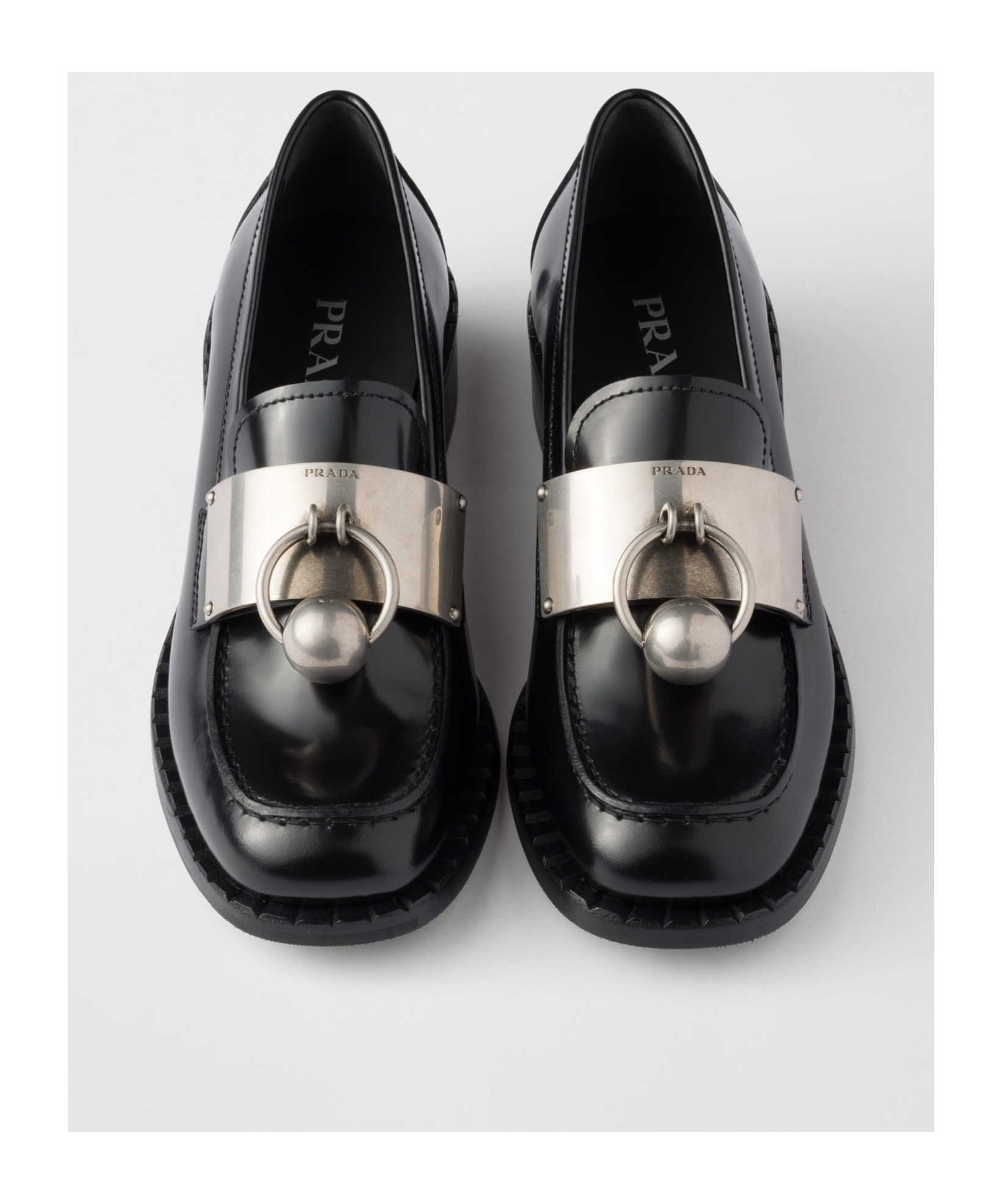 Prada Leather Loafers With Block Heel And Metallic Detail In Black