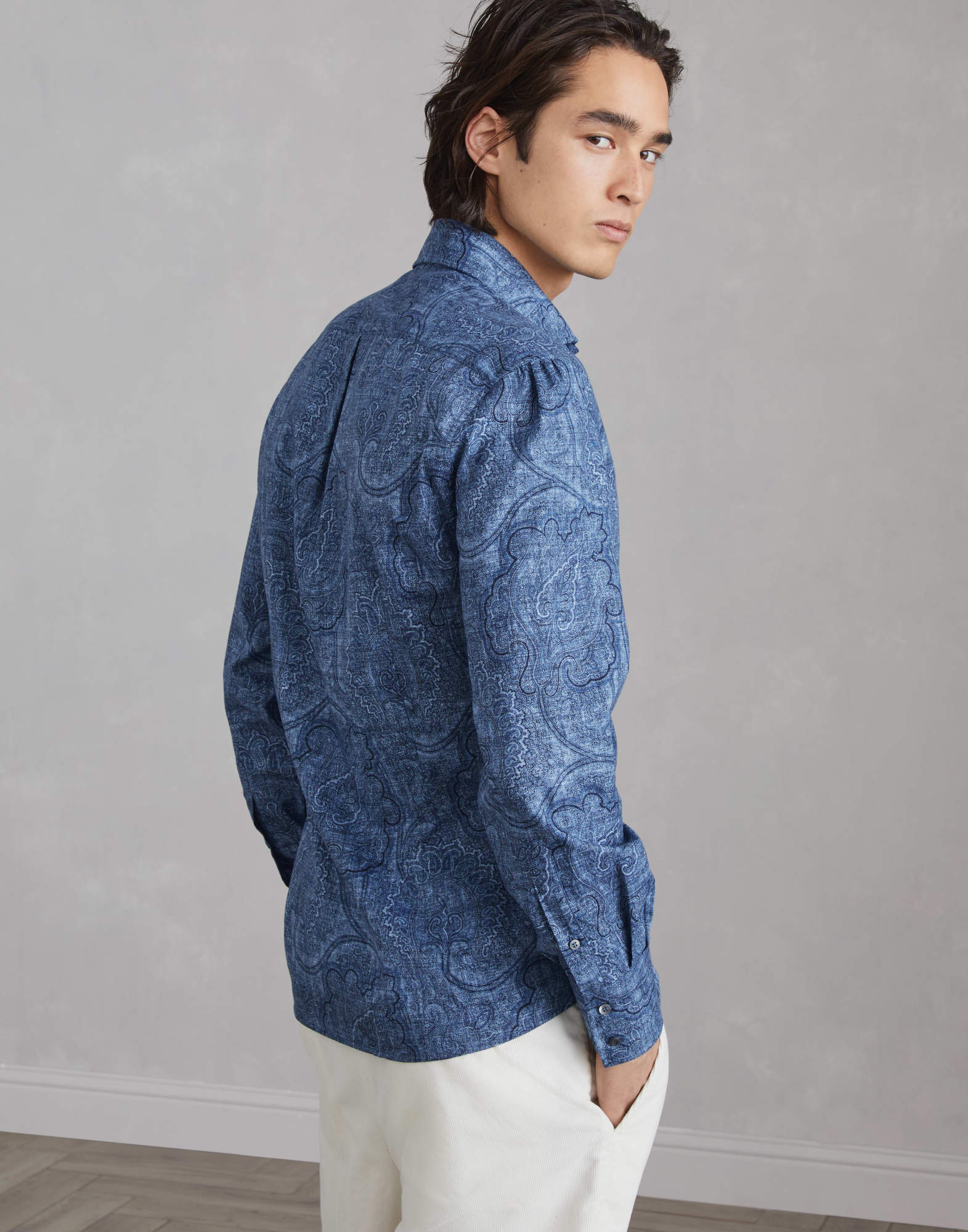 Shop Brunello Cucinelli Patterned Jacquard Cotton Shirt In Blue