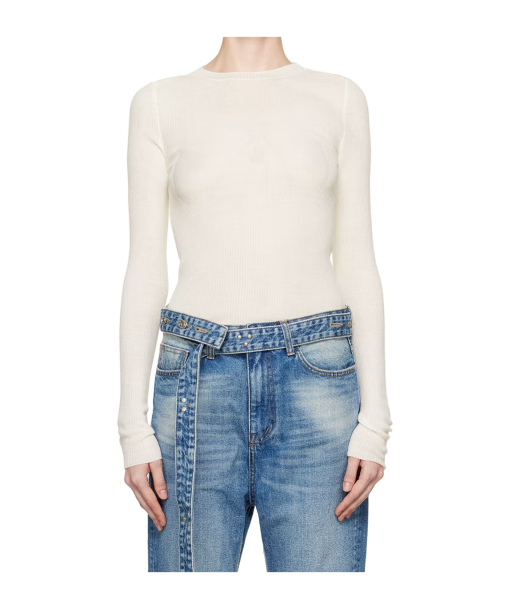 Open Yy White Ribbon Rib Knit Long Sleeve T-shirt In Gray