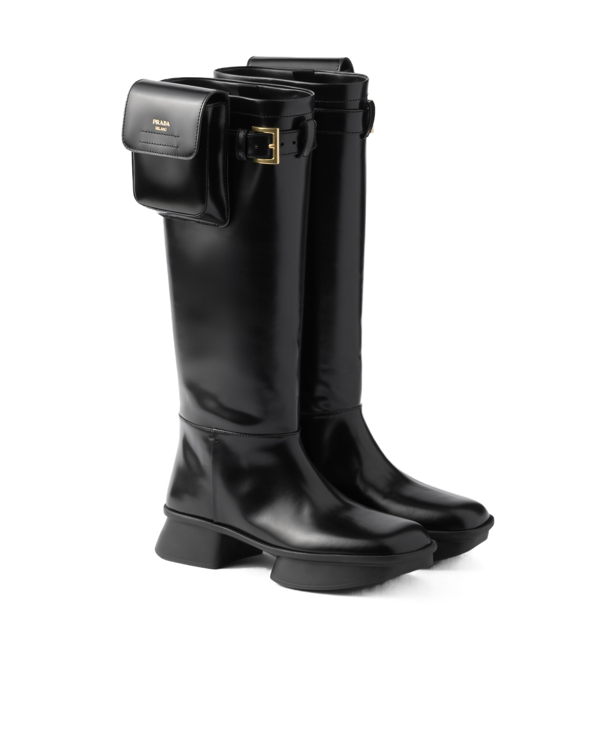 Shop Prada Brushed Leather Boots With Pouch In Black
