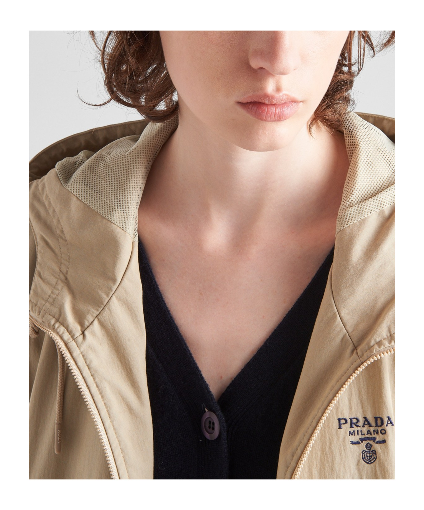 Prada Logo-embroidered Hooded Jacket In Brown