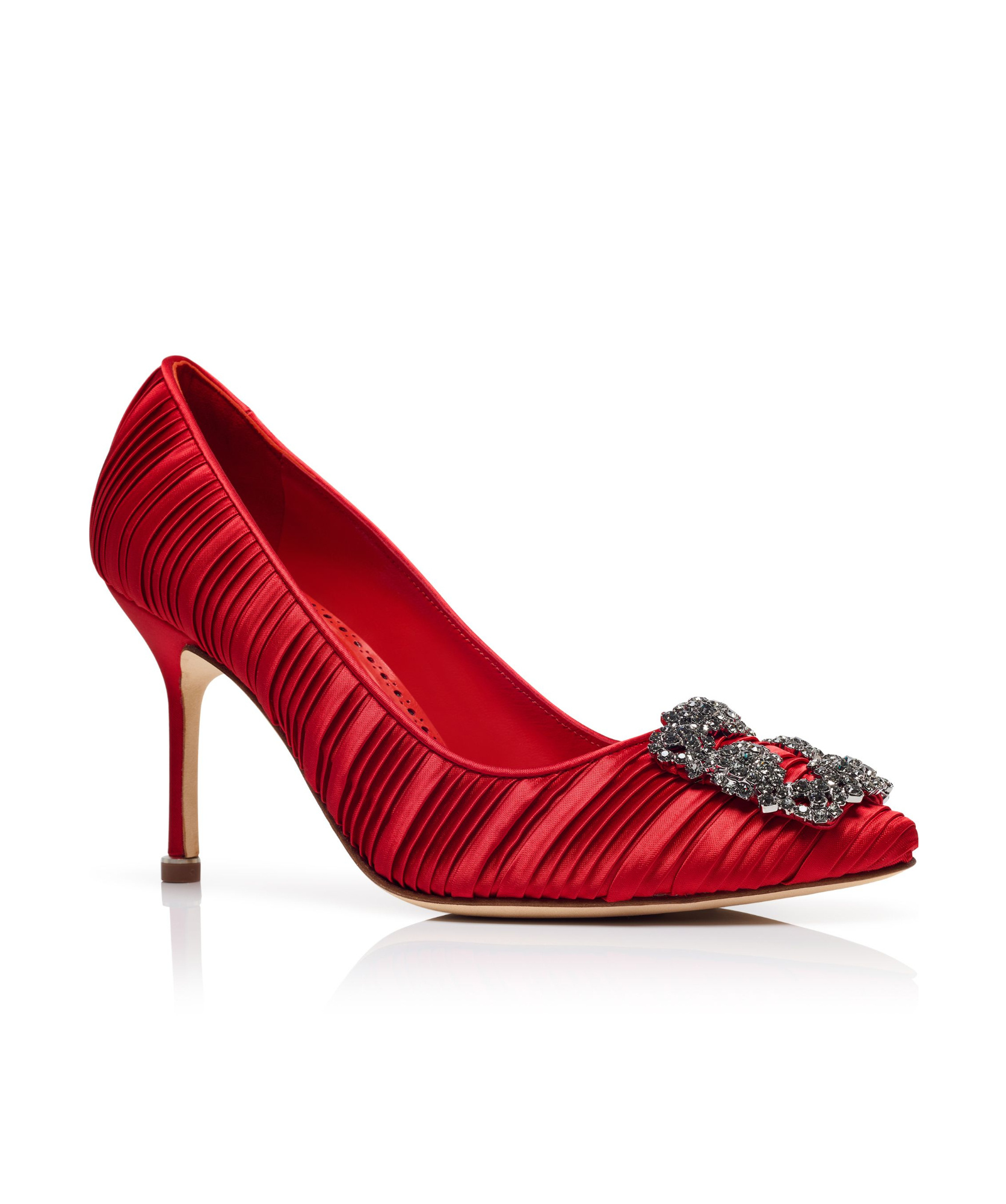 Manolo Blahnik Hangisi 90 Crystal Buckle Satin Pumps In Red