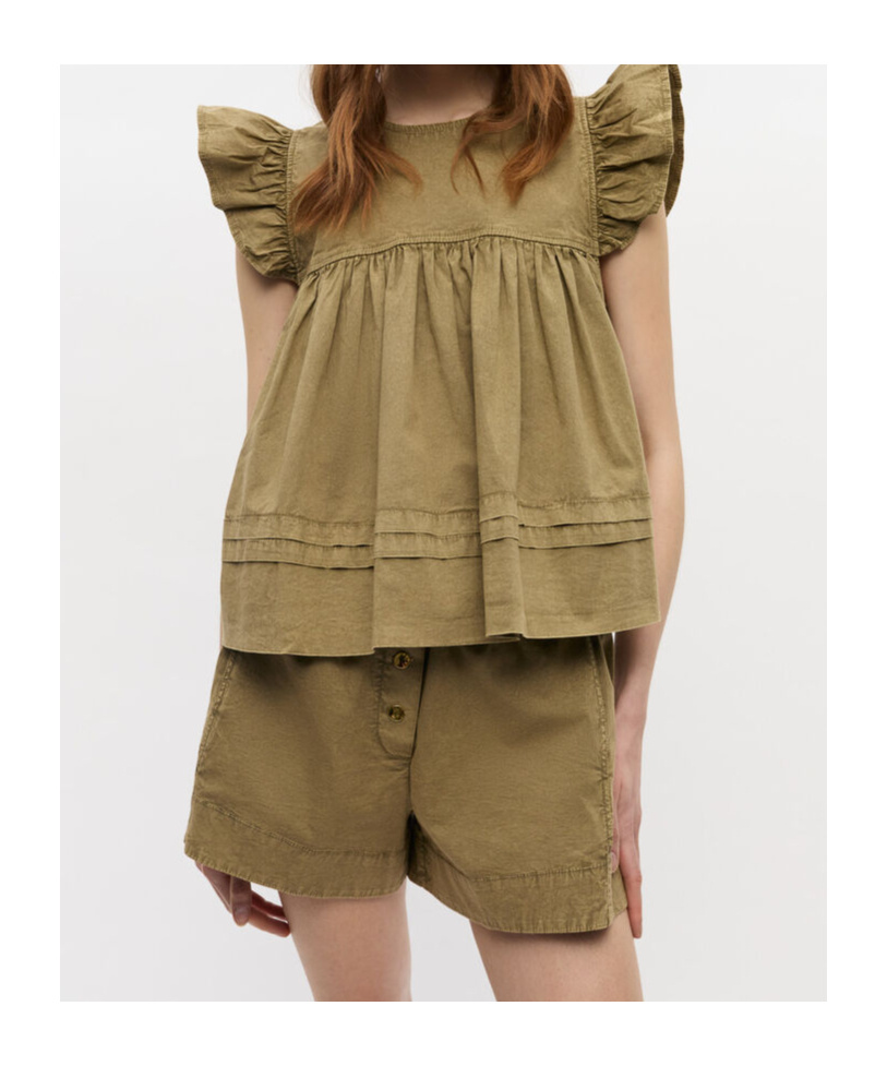 Ganni Ruffled Flared Top In Green