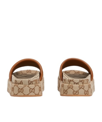 Gucci Women Beige Sandals With Leather Finishes And All-over Gg Motif In Fabric Woman In Brown