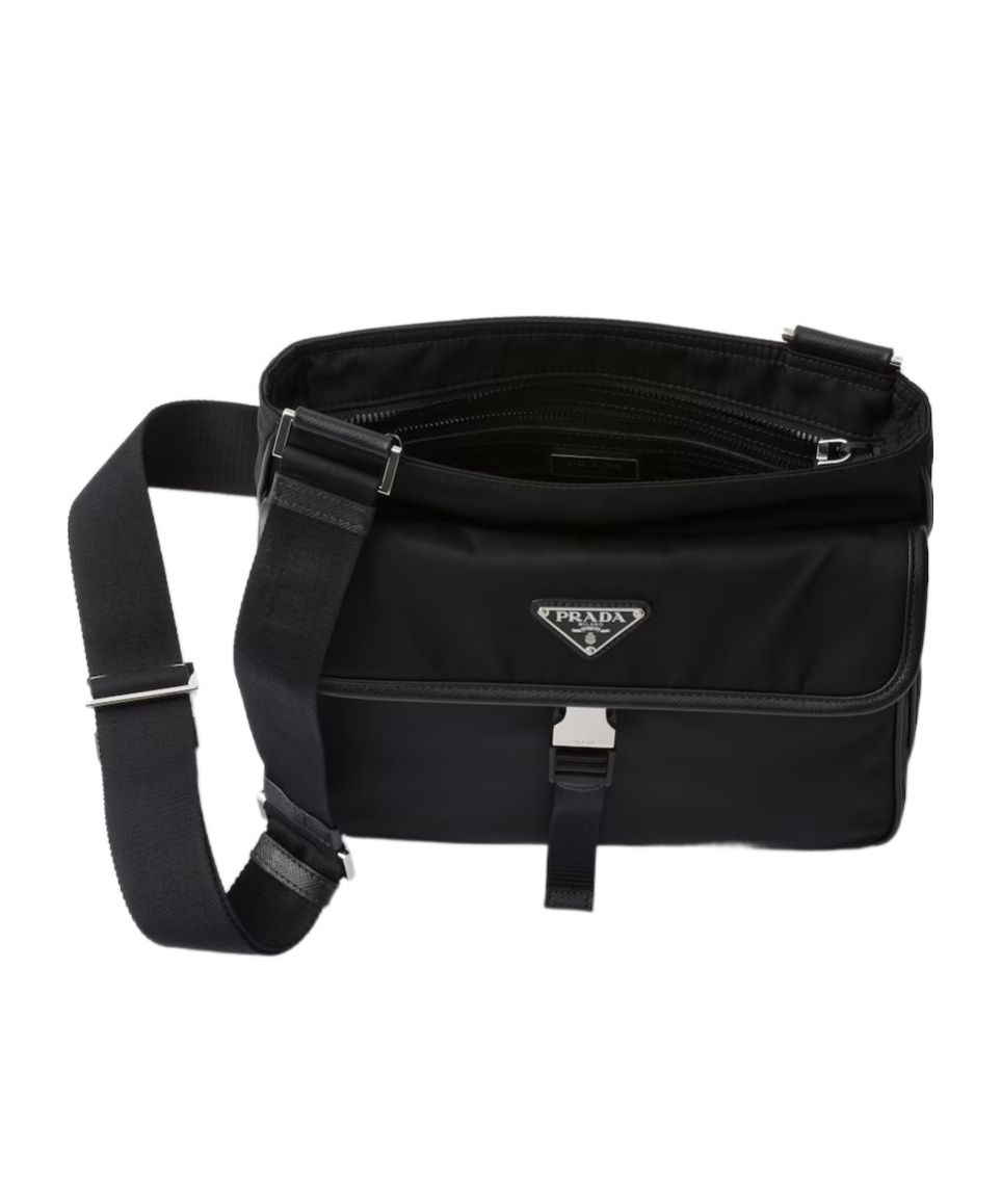 Prada Messenger Bag With Adjustable Strap And External Pocket In Black