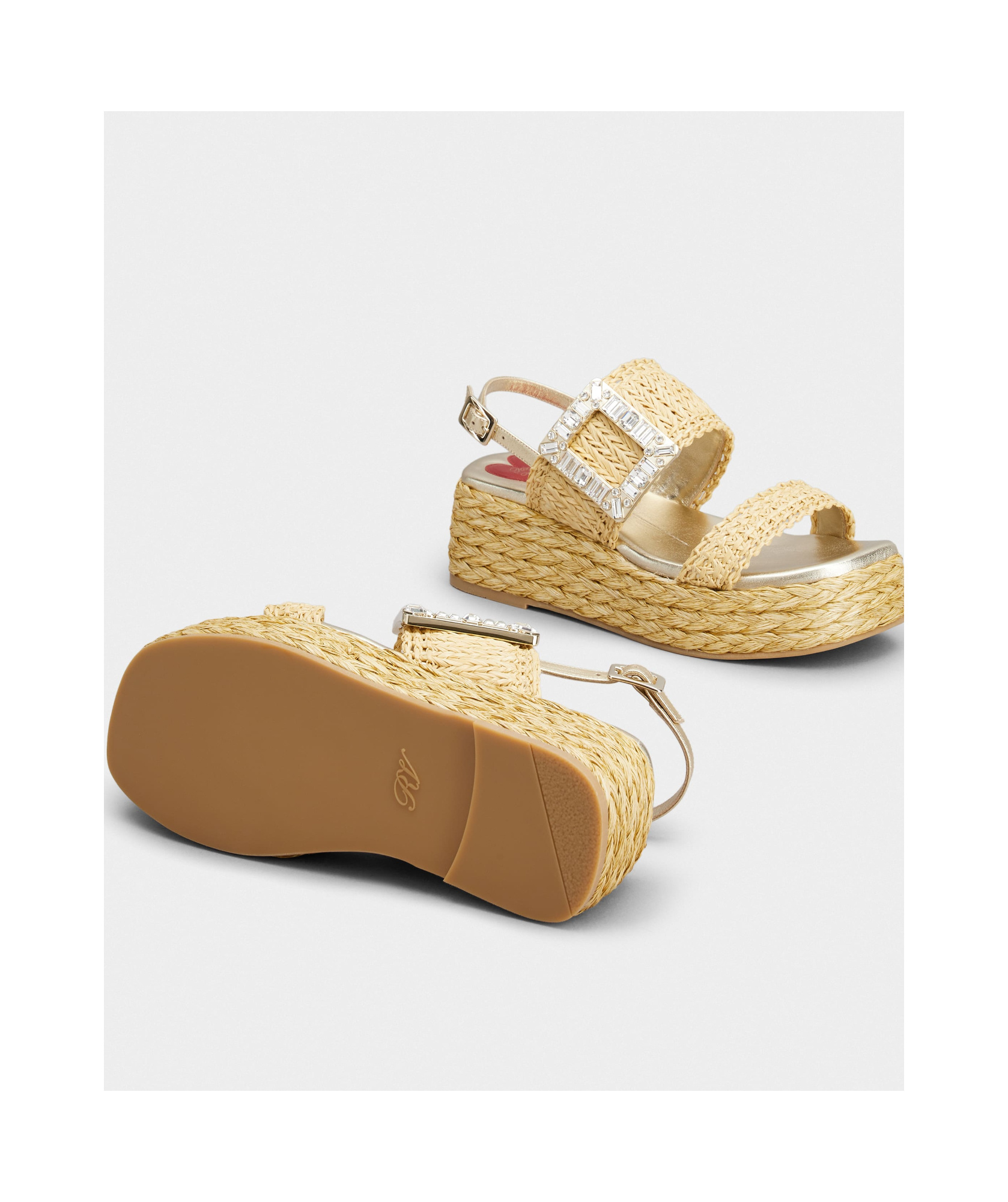 Shop Roger Vivier Strass Buckle Wedge Sandals In Raffia In Beige