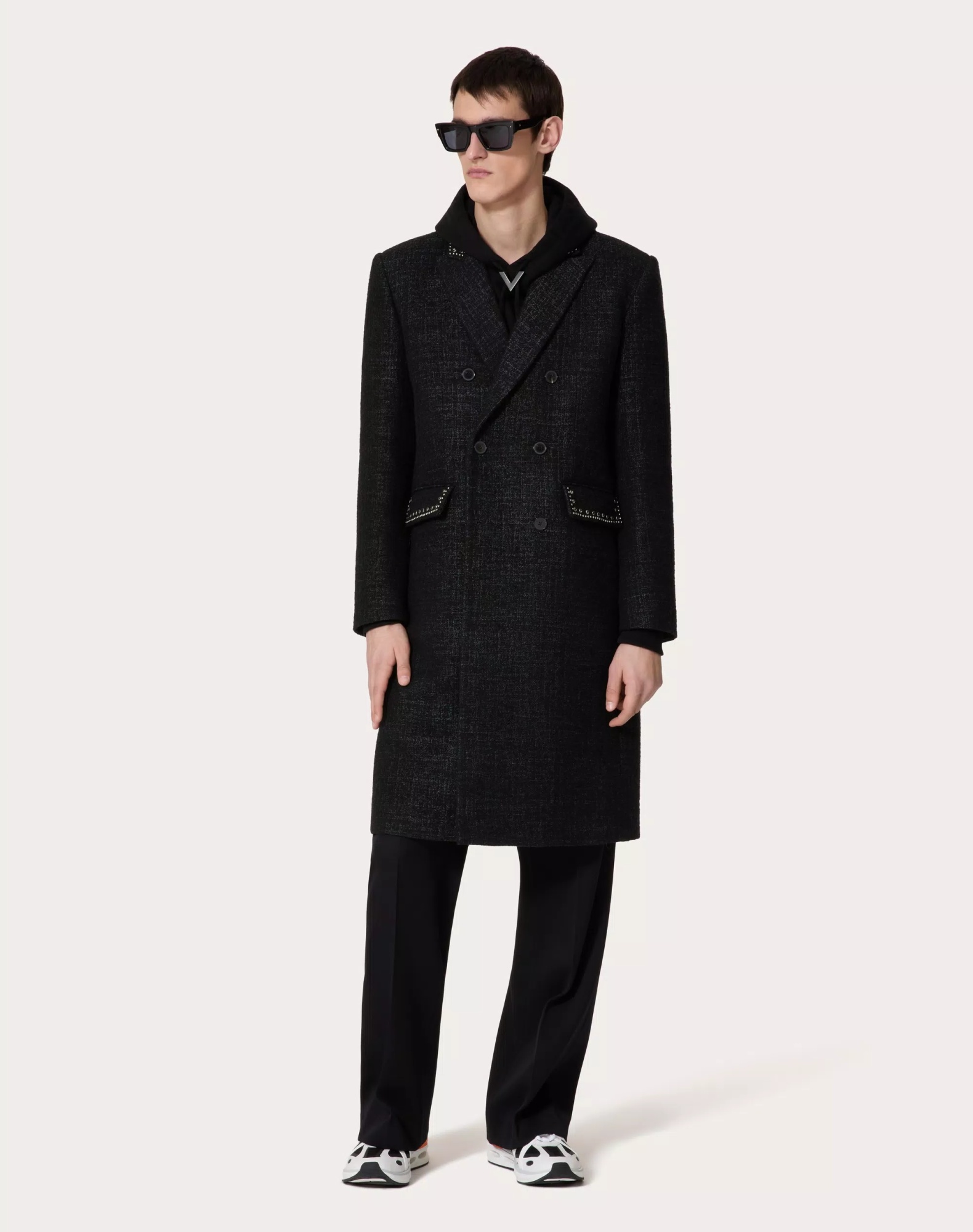 Valentino Convex Round Double-breasted Wool Coat In Anthracite Color