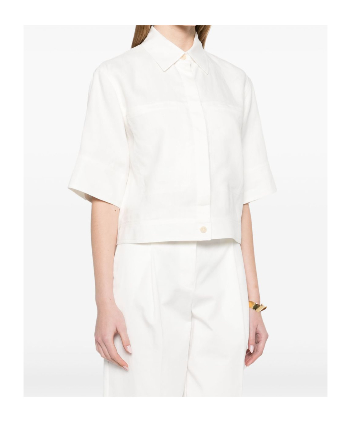 Max Mara Linen Shirt With Collared Neck And Cropped In White
