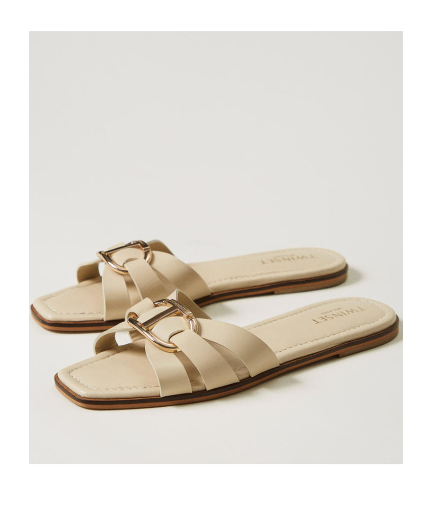Shop Twinset Logo-buckle Slides In Light Ginger Root Beige