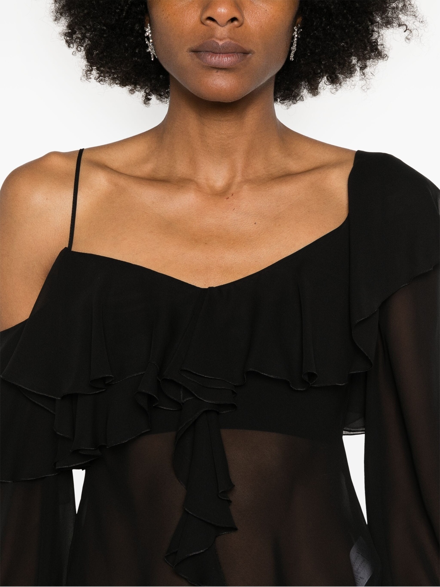 Blumarine Silk Sheer Ruffled Blouse In Black