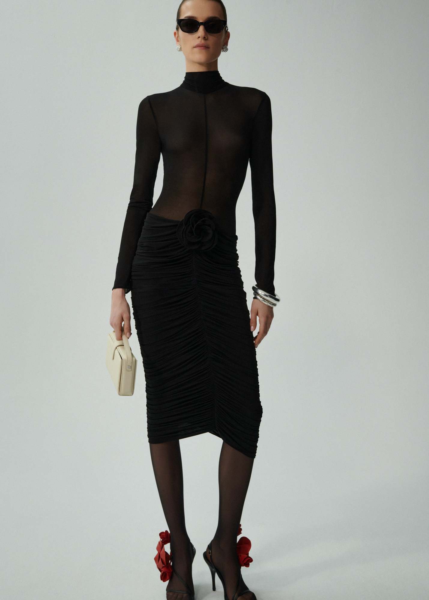 Magda Butrym Sheer Floral Embellished Asymmetrical Hem Dress In Black