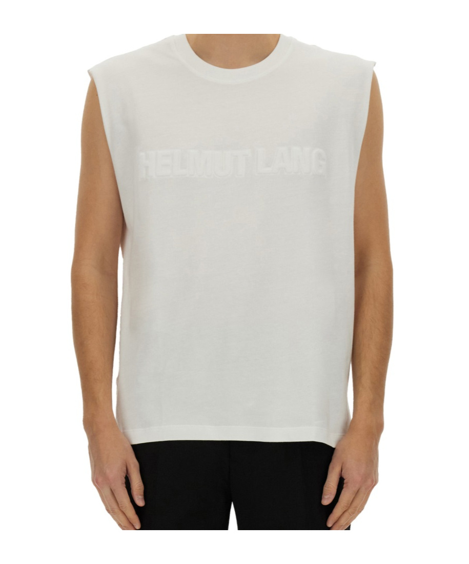 Helmut Lang Raised Logo Sleeveless Crew Neck Top In White