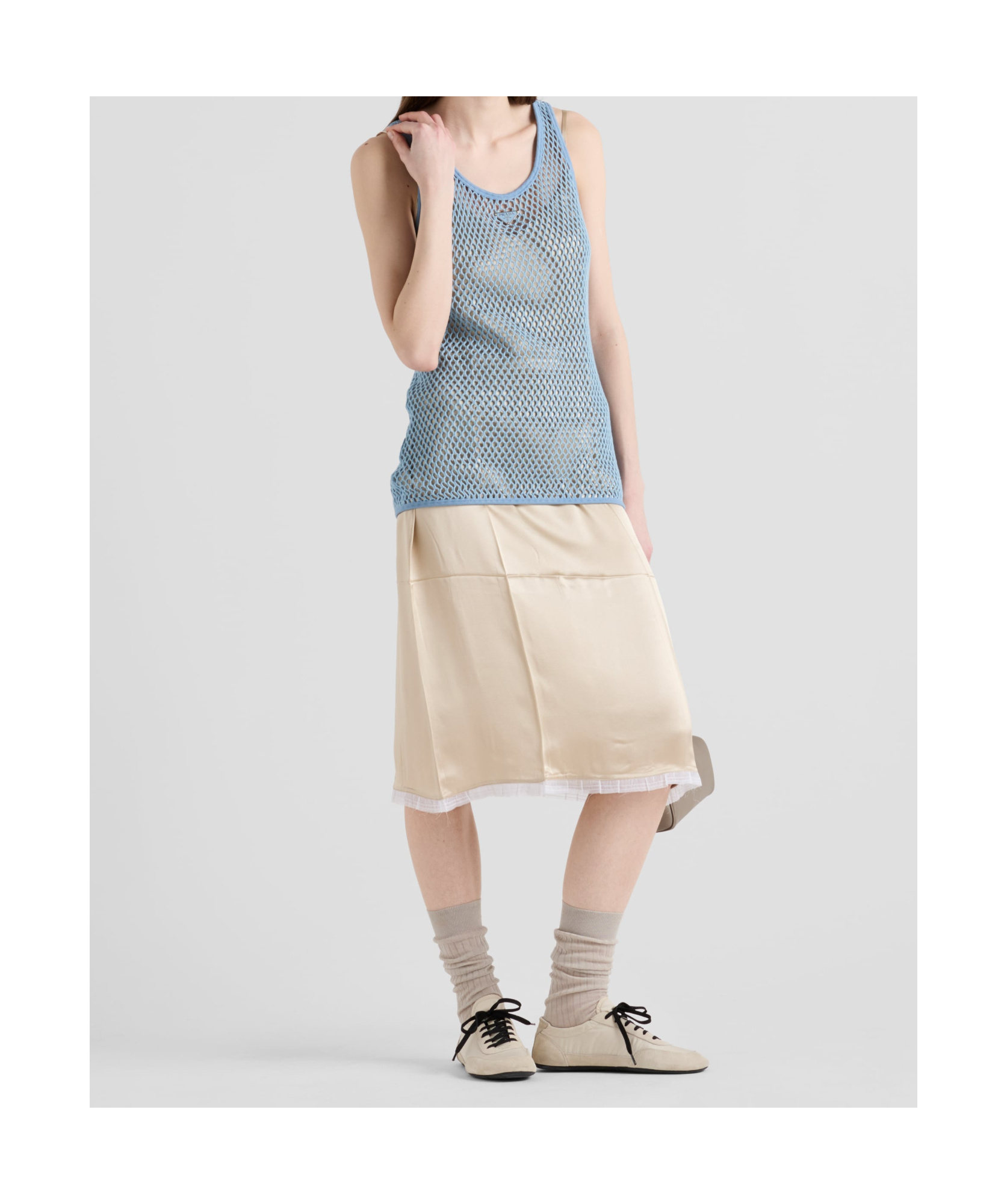 Prada Womens Light Blue Sleeveless Triangle-plaque Cotton Mesh Top In Interstellar Blue