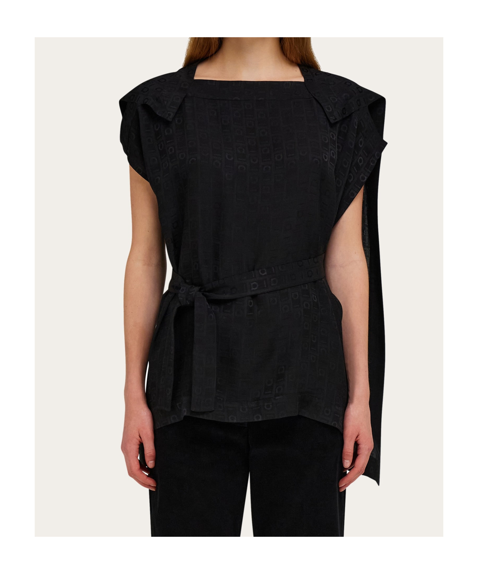 Ferragamo Gancini-print Belted Blouse In Black