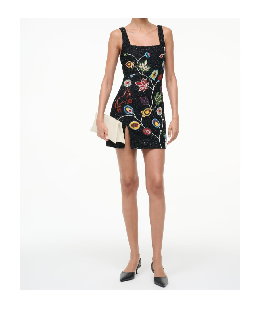 Staud Beaded Floral Le Sable Mini Dress In Black