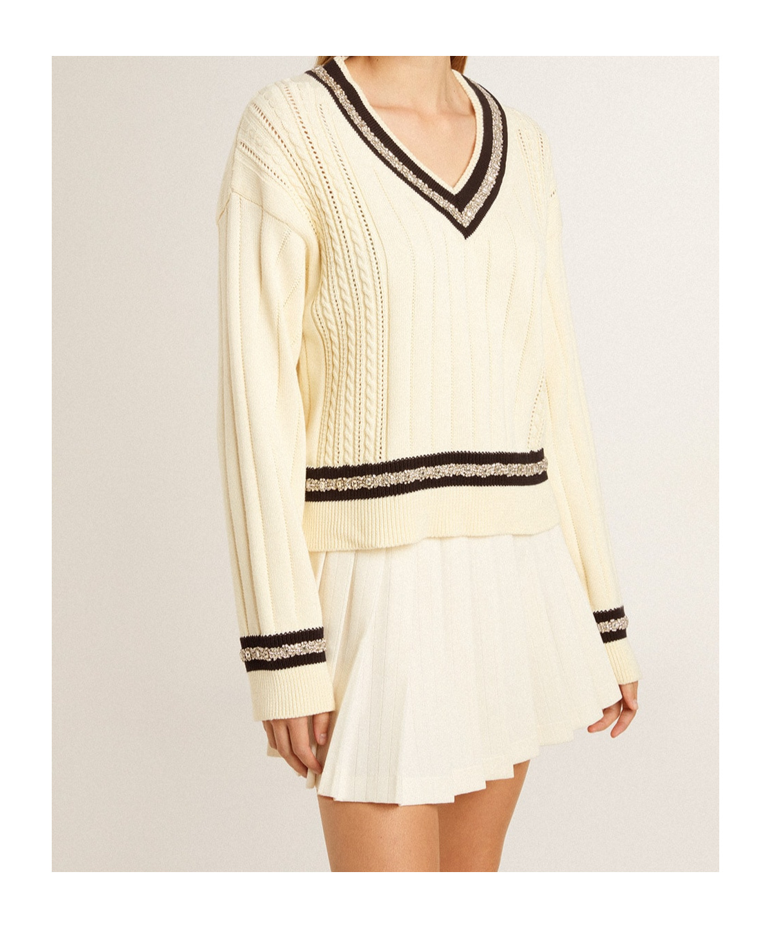 Golden Goose Cropped Sweater With Woven Pattern In Nude