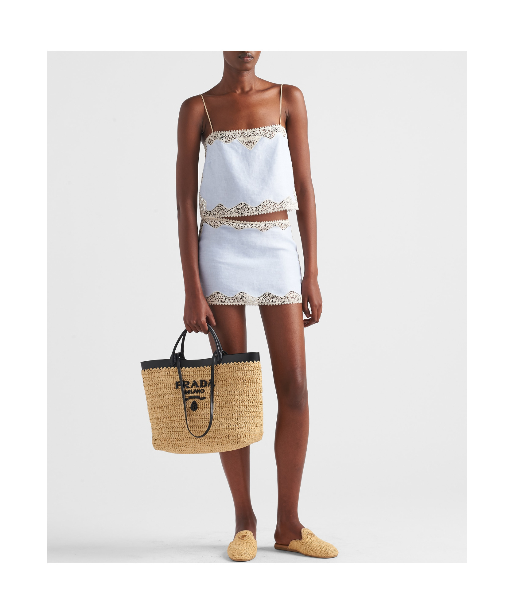 Prada Lace-trim Linen Mini Skirt In Sky-blue