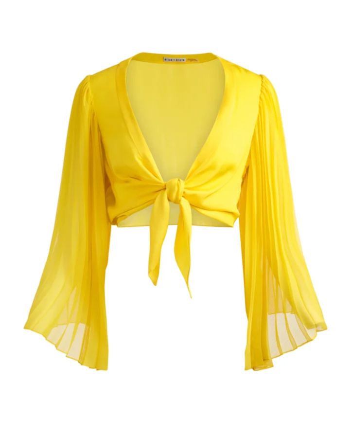 Alice And Olivia Rochelle Tie Front Pleated Crop Top In Yellow