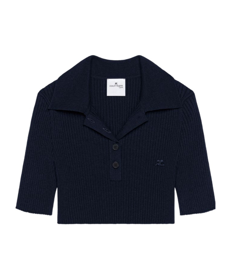 Courrèges Blue Cotton Crop Polo With Logo In Black