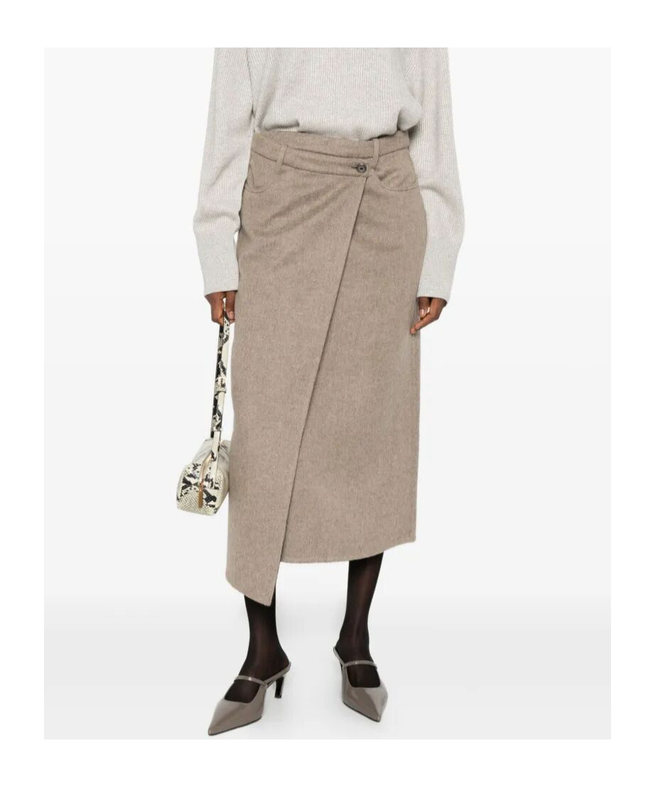 Brunello Cucinelli Asymmetric Brushed-wool Midi Wrap Skirt In Neutral