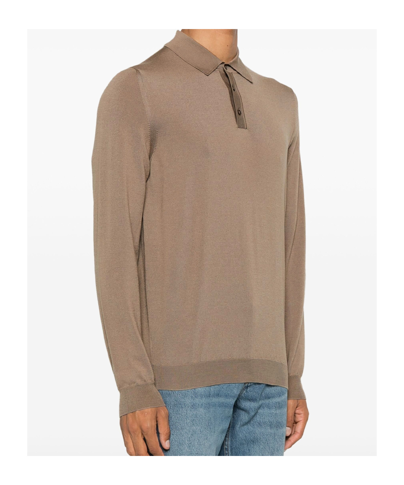 Zanone Wool Knit Polo Shirt With Classic Collar And Cuffed Sleeves In Brown