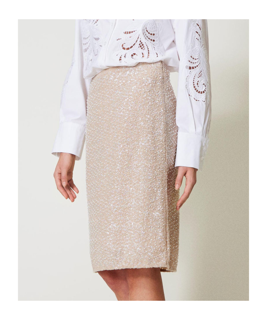 Shop Twinset Sequinned Skirt In Nude