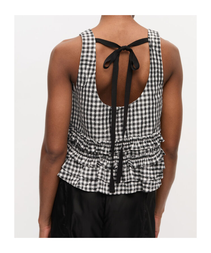 Ganni Crinkled Check Frill Top In Black