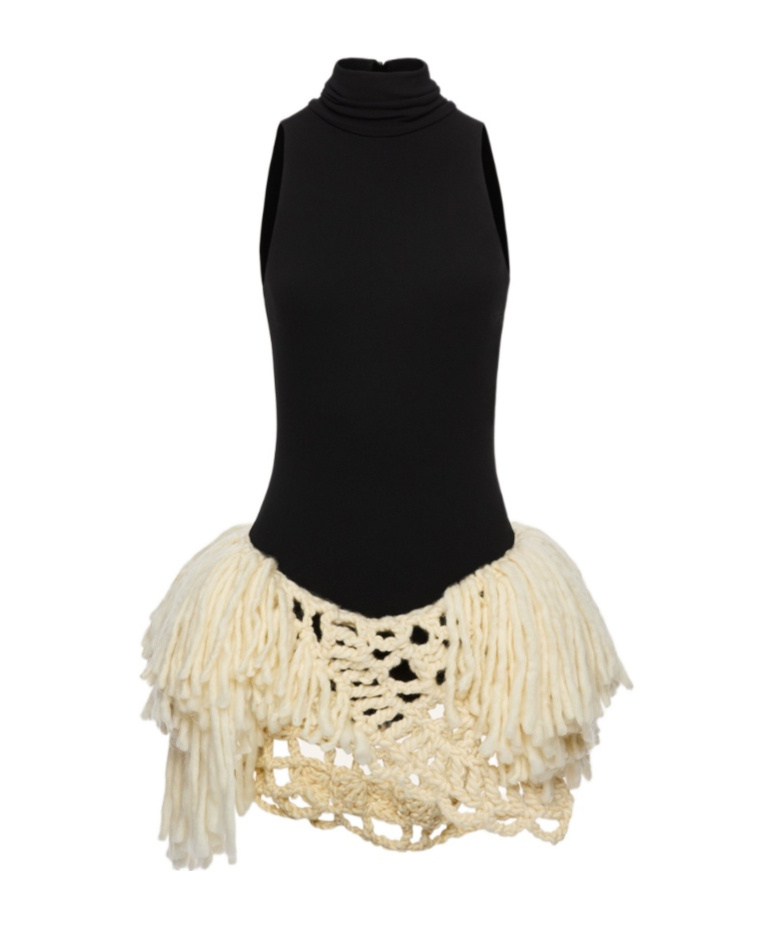 Magda Butrym Hand-crocheted Fringe Dress In Black And Cream