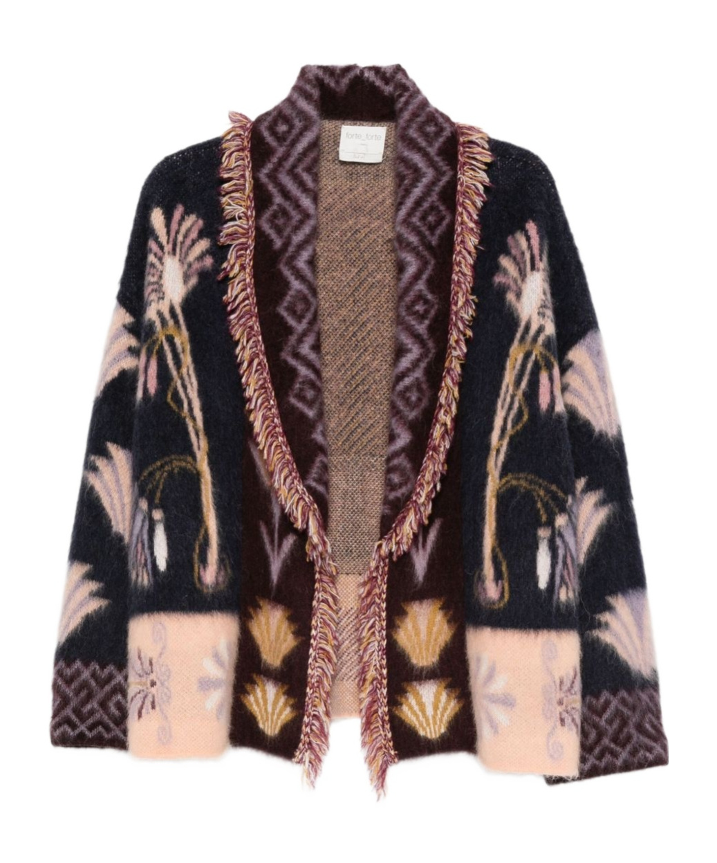 Forte Forte Sogni Multicolor Cardigan With Fringed Details And All-over Geometric Motif In Wool Blend Woman In Multi
