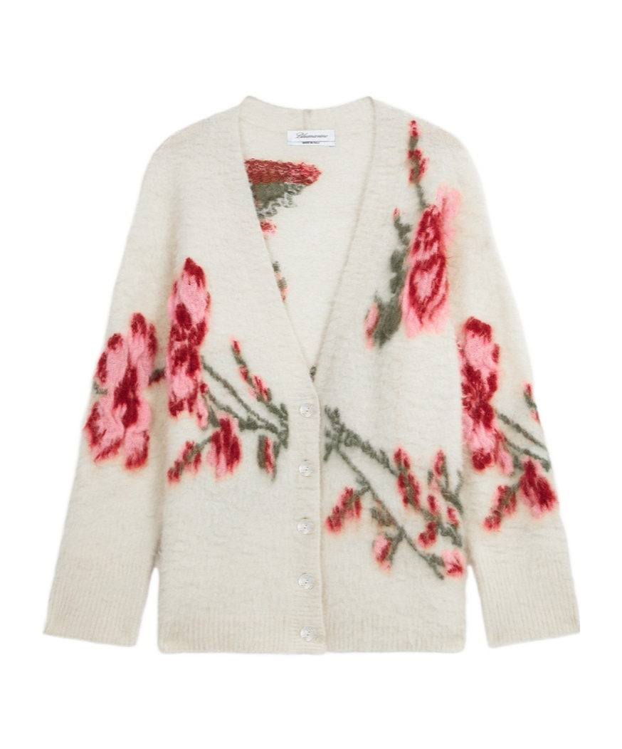 Blumarine Off-white Jacquard Roses Cardigan In Nude