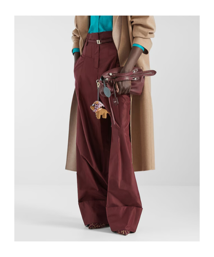 Fendi Women Bordeaux Pants With Ff Buckle Belt And Maxi Turn-up Hem In Silk Woman In Red