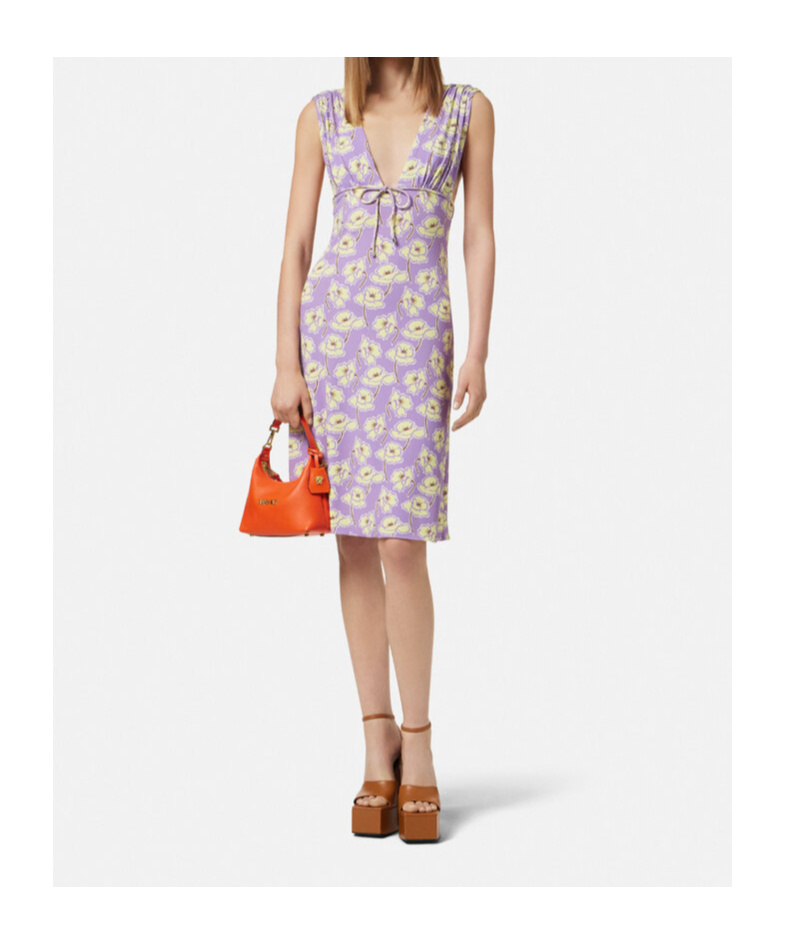 Versace Poppies V-neck Midi Dress In Multi