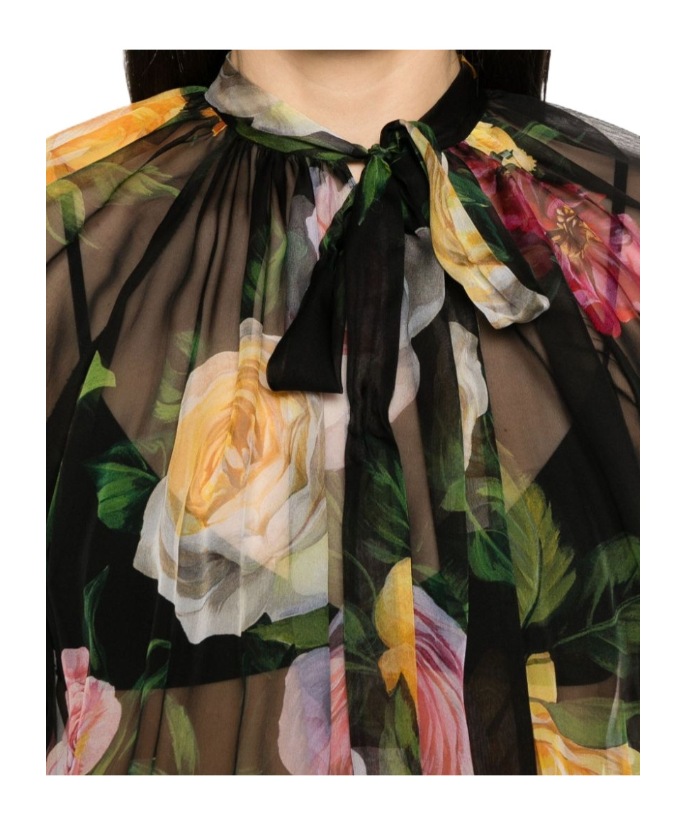 Dolce & Gabbana Rose Tie-neck Chiffon Cropped Blouse In Black