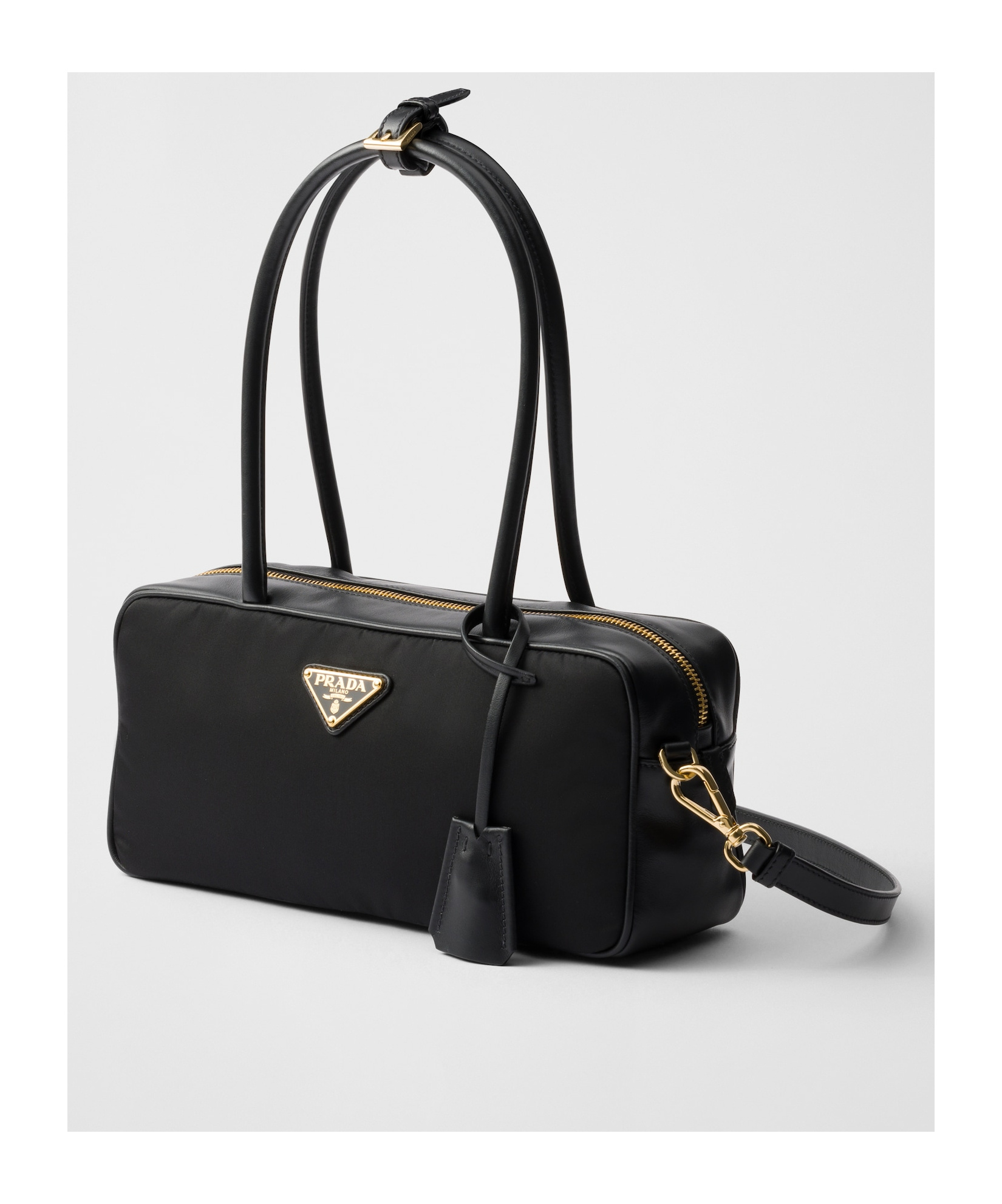 Prada Re-nylon And Leather Small Top-handle Bag With Padlock In Black