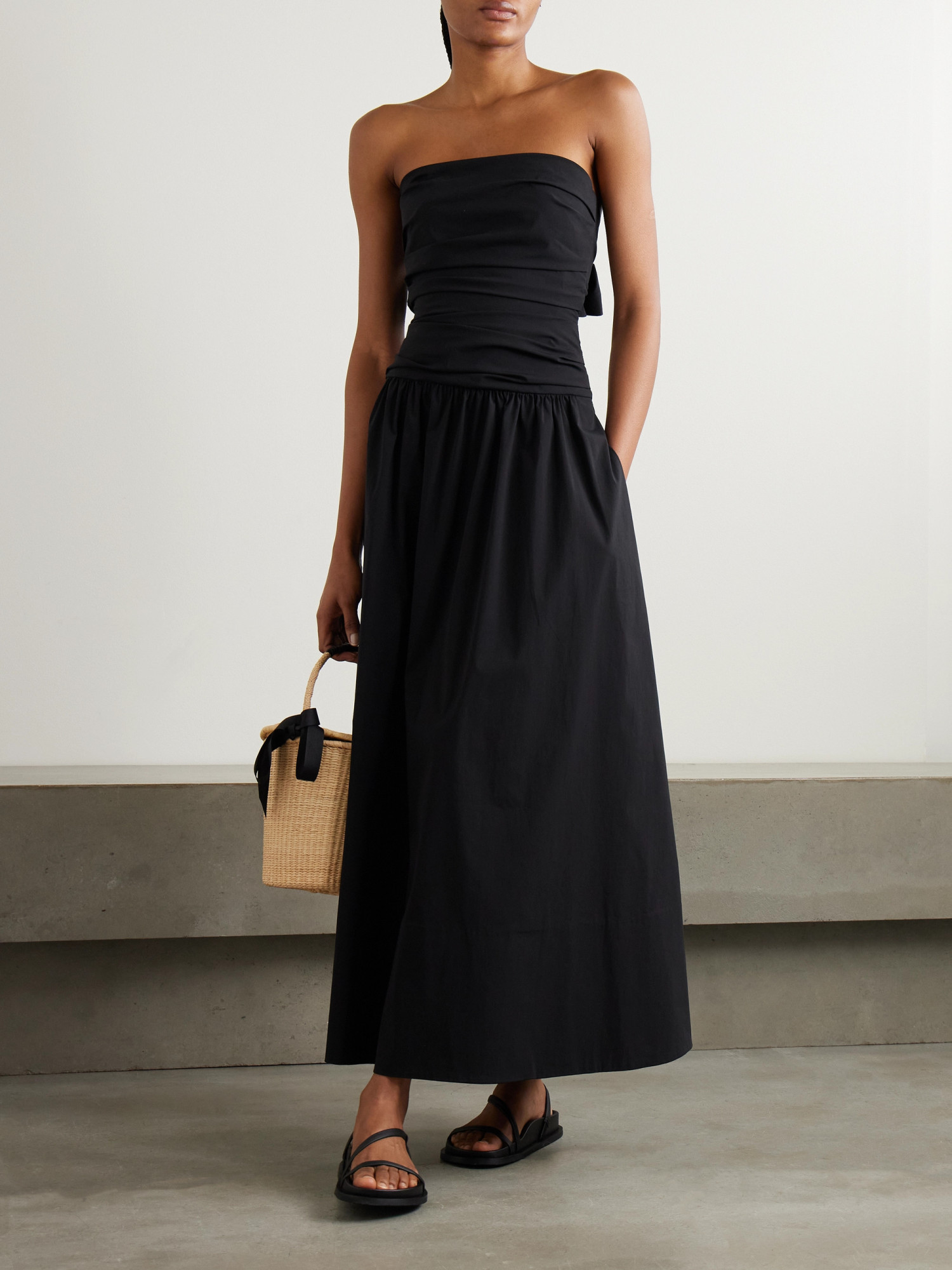 St Agni Black Gathered Strapless Tie Back Maxi Dress