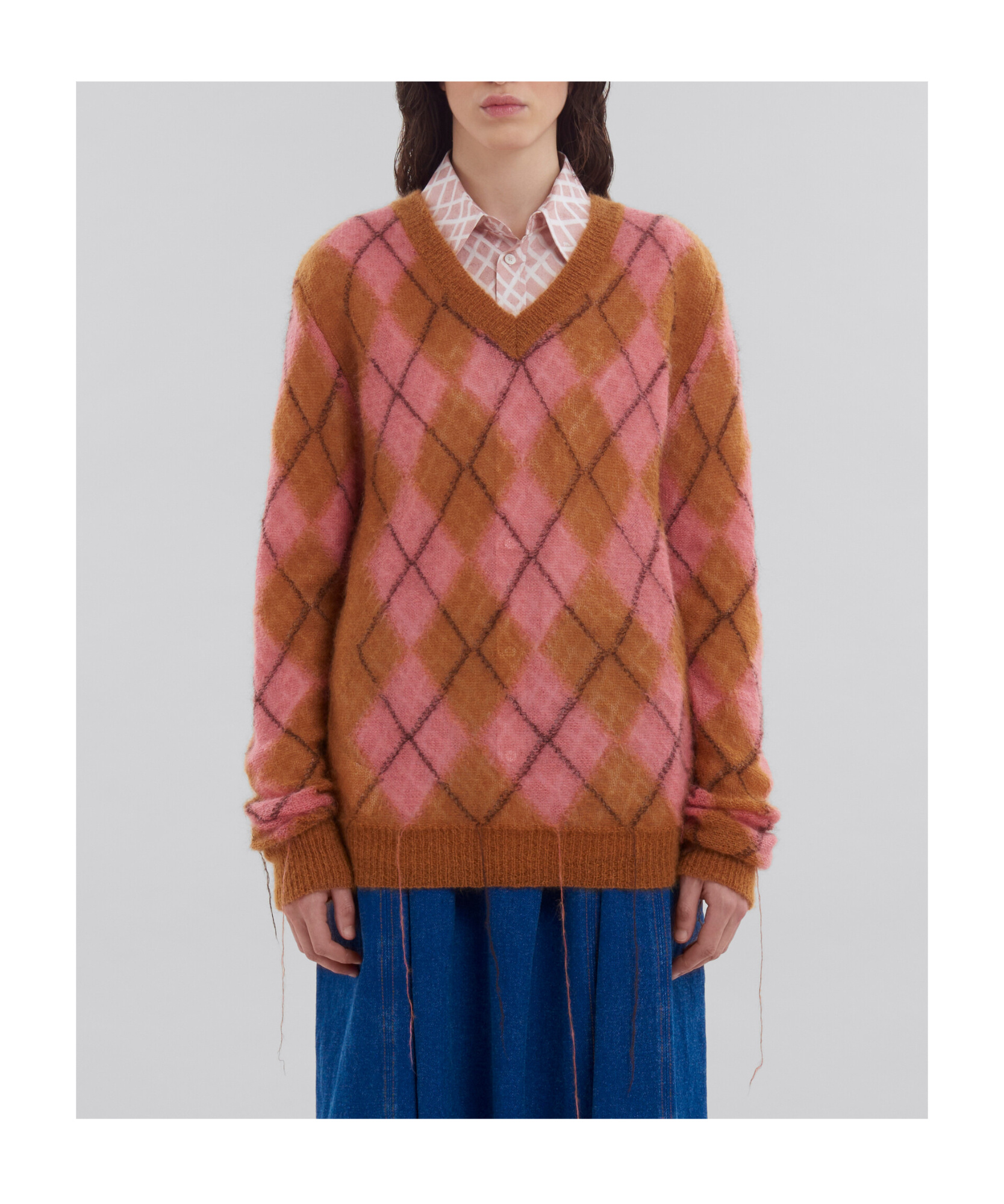 Marni Fringed Argyle Jacquard-knit Mohair-blend Sweater In Pink