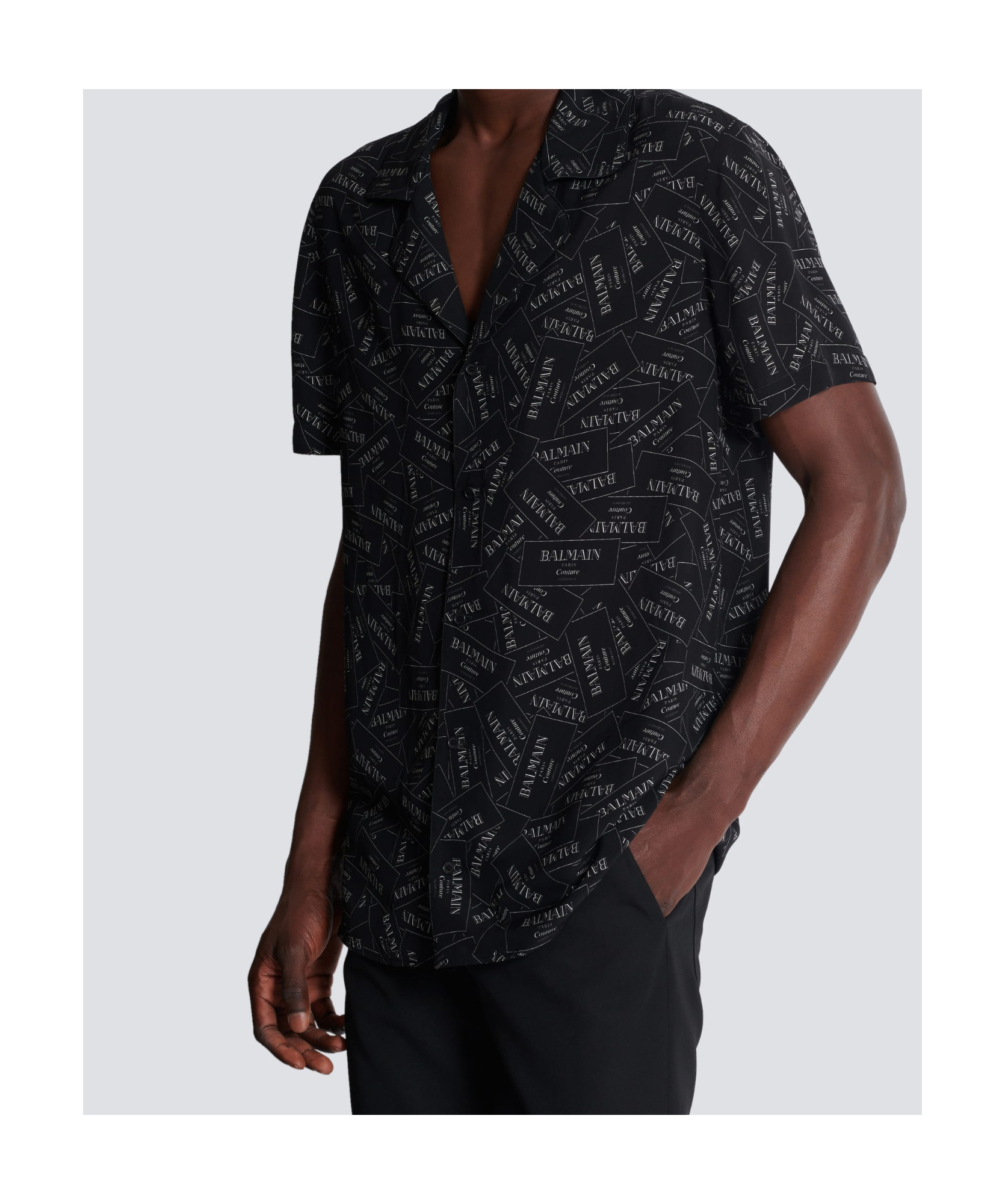 Balmain Black Shirt With Notched Collar And All-over Logo Print In Black