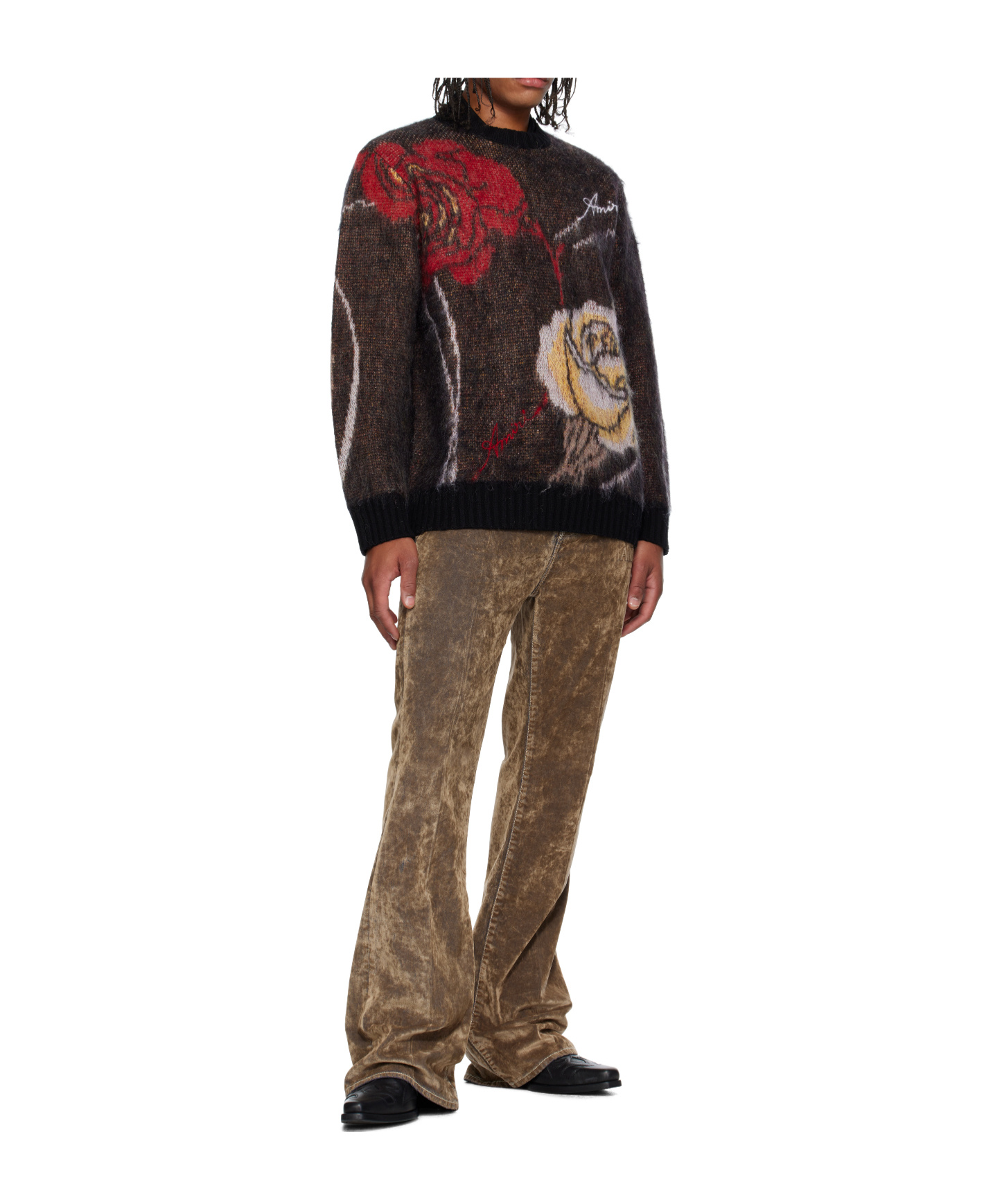 Amiri Multicolor Floral Crewneck Sweater In Black