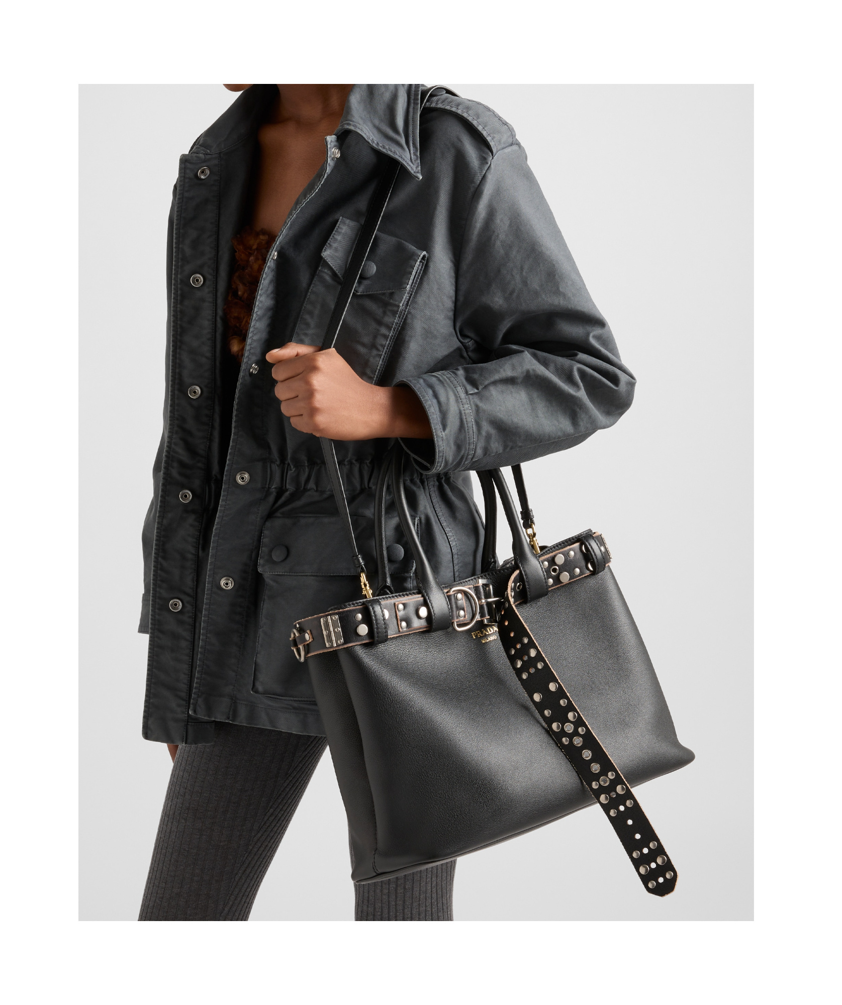 Prada Large Buckle-detail Tote Bag In Black
