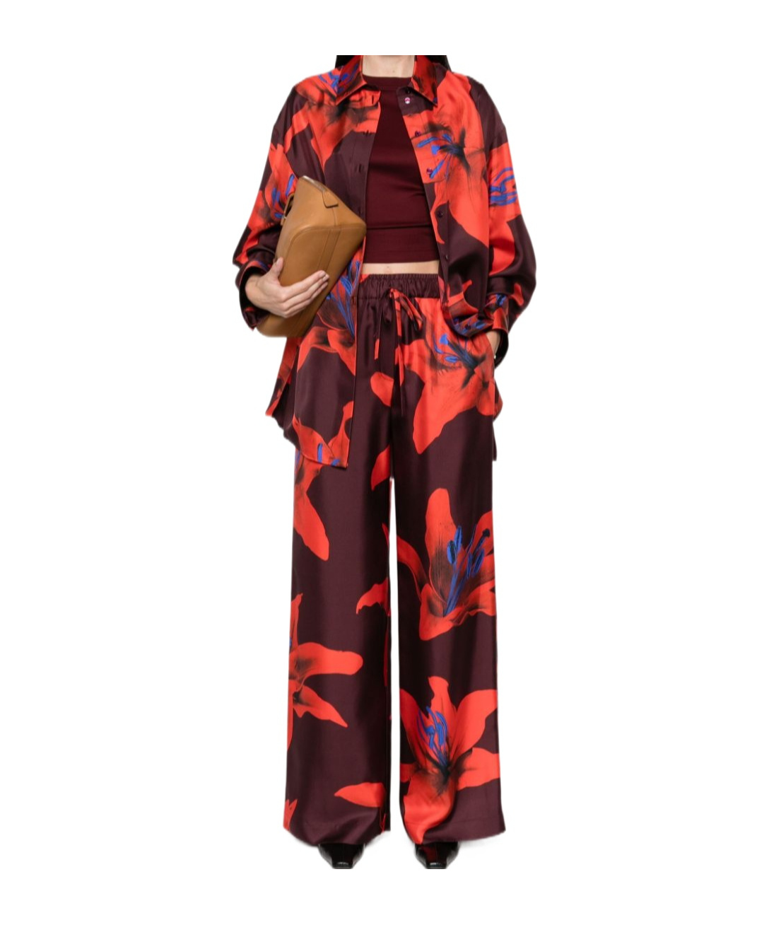 Alexander Mcqueen Wide-leg Silk Twill Trousers With Flame Lily Print In Red
