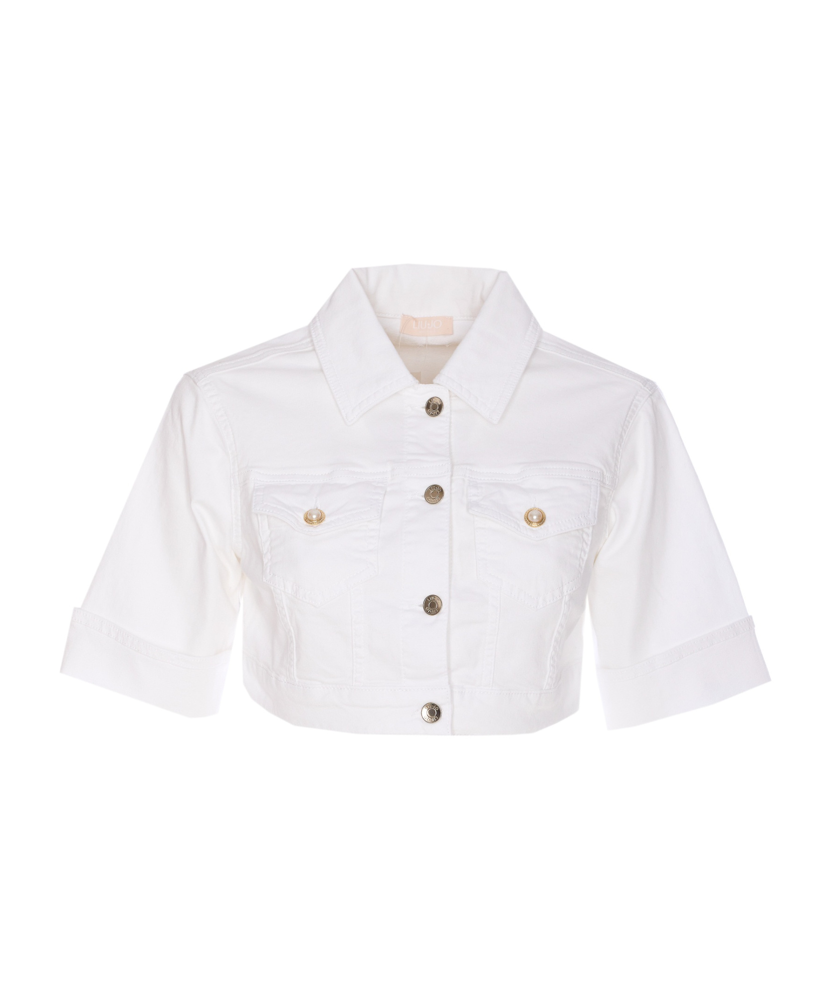 Liu •jo Short Sleeve Cropped Collared Jacket In White