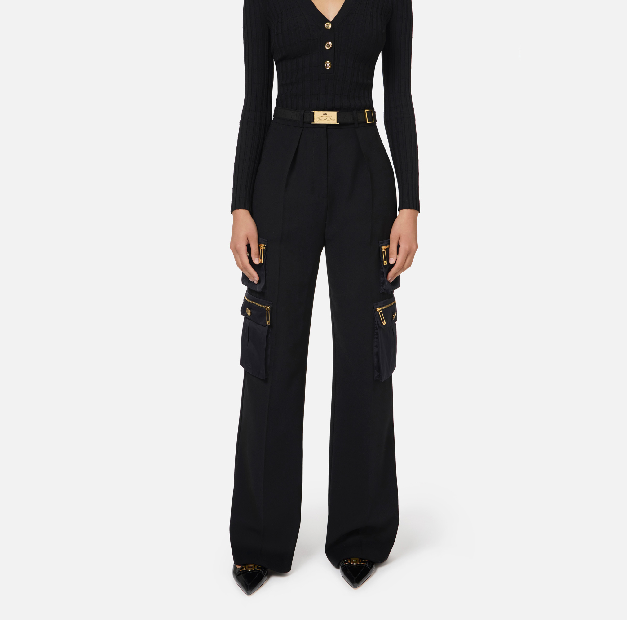 Elisabetta Franchi Black Cargo Trousers With Belt In Black