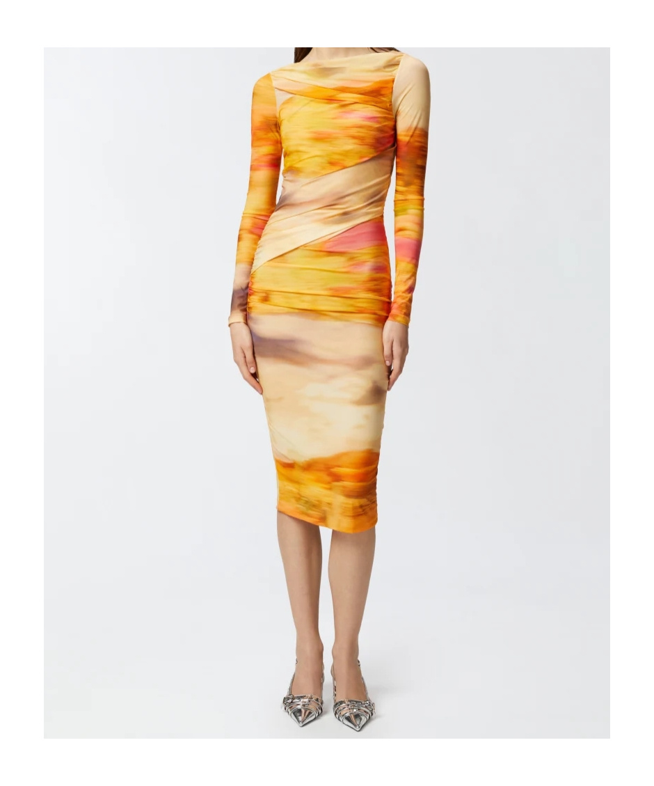 Pinko Landscape Print Bodycon Midi Dress In Yellow