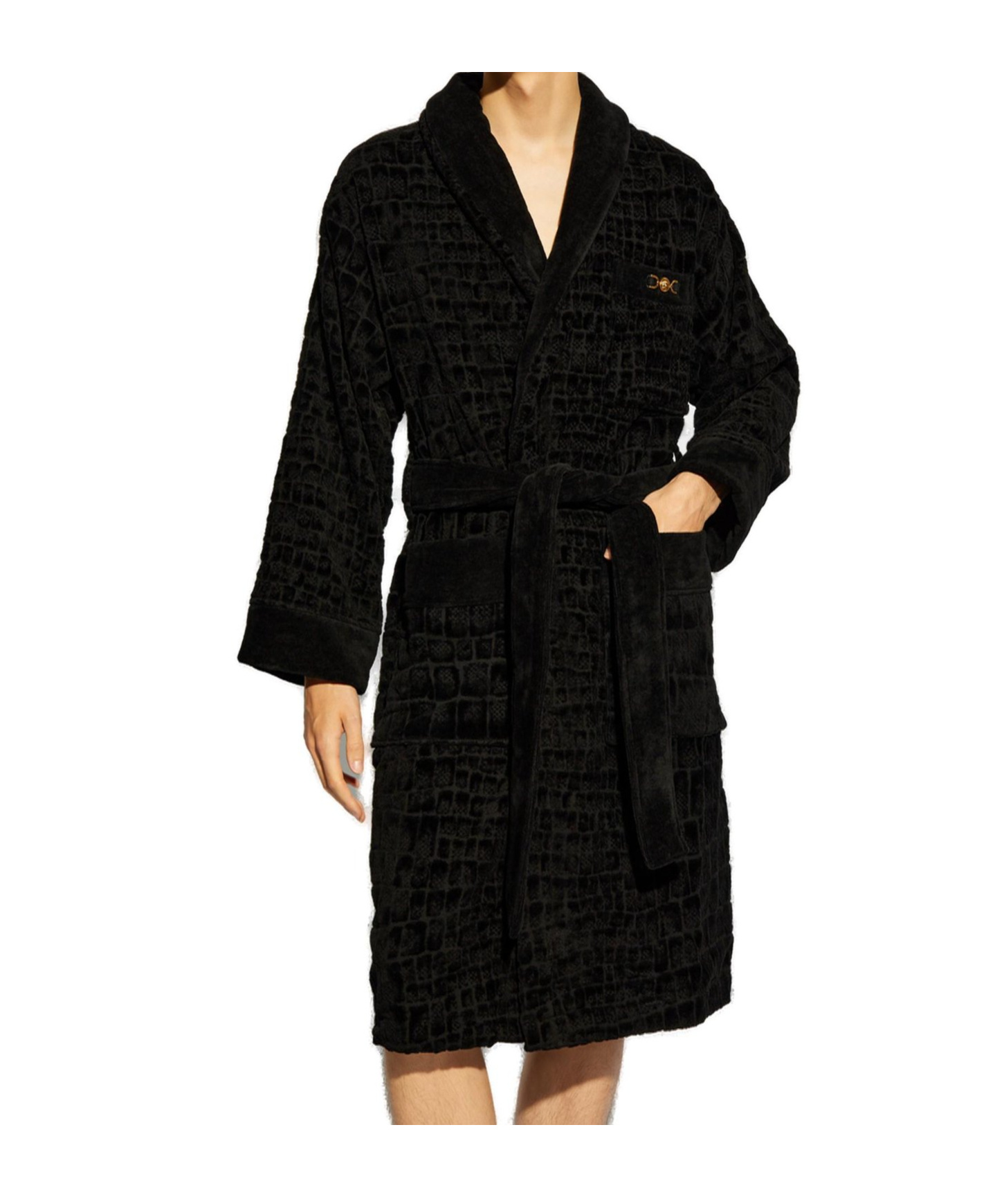 Versace Men's Medusa 95 Jacquard Terry Cloth Crocodile Pattern Robe In Black