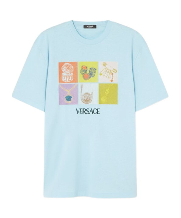 Versace Crew Neck Graphic Print Short Sleeves In Blue