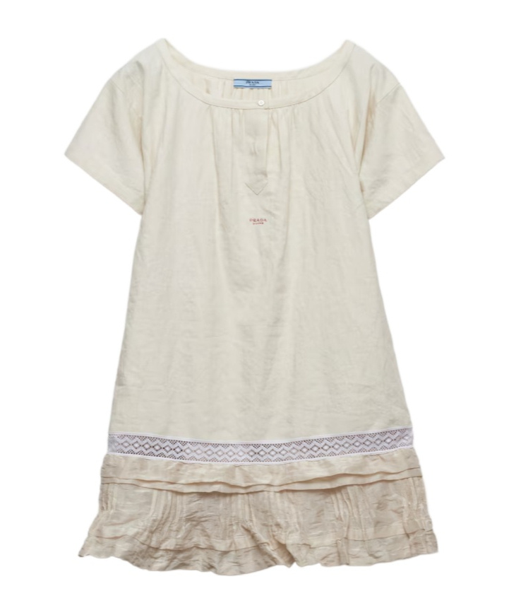 Prada Womens Neutral Embroidered Lace-trim Linen Mini Dress In Natural Color